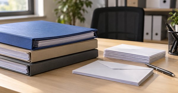 Carpetas y sobres sin identificar en una oficina administrativa genérica, imagen ilustrativa