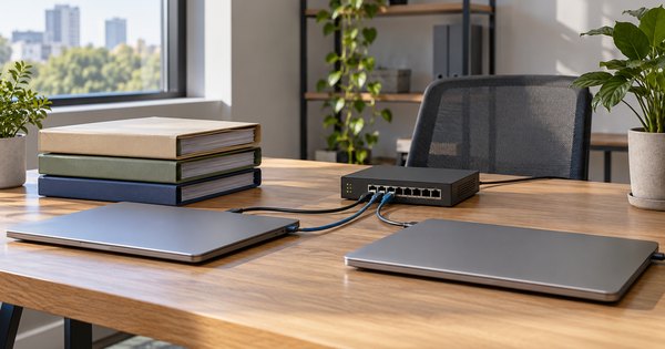 Mesa de oficina con portátiles cerrados, carpetas y un pequeño dispositivo de red, como imagen ilustrativa.