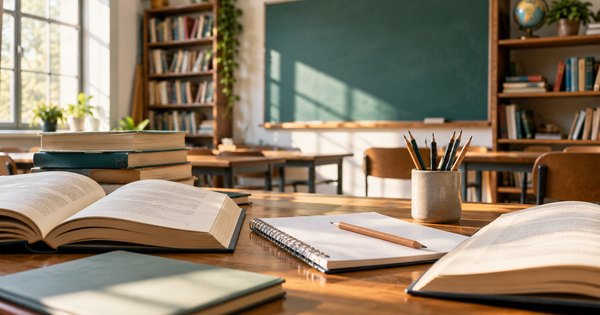 Libros y cuadernos en un aula vacía, escena ilustrativa sobre enseñanza de la lengua