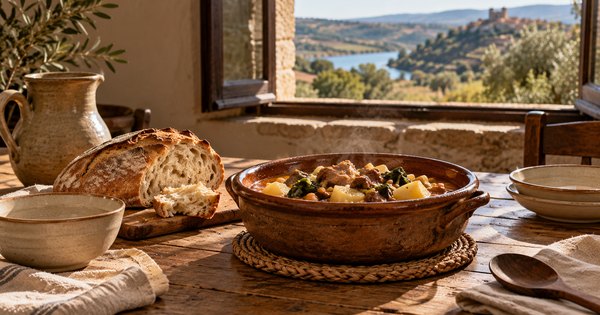 Comida tradicional genérica en una mesa rústica con paisaje rural ibérico, imagen ilustrativa