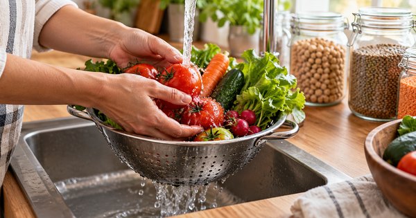 Manos lavando verduras frescas en una cocina doméstica genérica, imagen ilustrativa generada con IA.