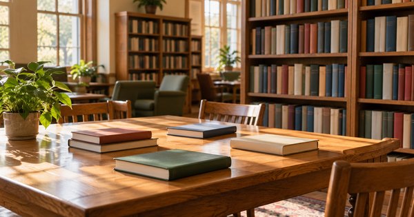 Sala de lectura vacía con libros de cubiertas lisas y estanterías, como ilustración del servicio bibliotecario.