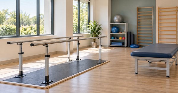 Sala de rehabilitación genérica y vacía con barras paralelas y banco terapéutico, sin pacientes.