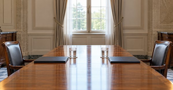 Sala de reuniones vacía con carpetas y vasos de agua: imagen ilustrativa del diálogo diplomático.