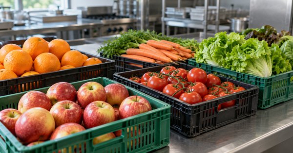 Cajas de fruta y verdura en una cocina profesional genérica; no representa instalaciones de HortiFruta.