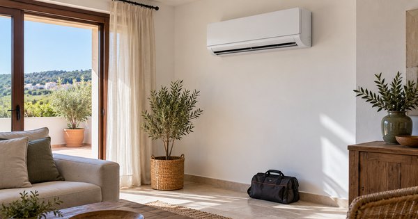 Aire acondicionado sin marca en una estancia doméstica genérica; no representa una instalación de la empresa.