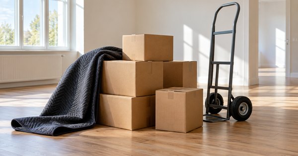 Cajas y material de protección para una mudanza en una habitación genérica, imagen ilustrativa