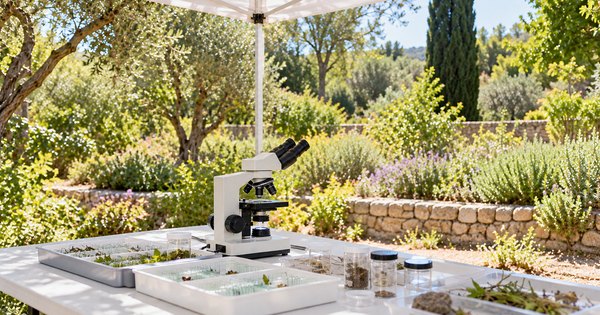 Microscopio y materiales de experimentación en una mesa bajo una carpa en un jardín: escena ilustrativa.