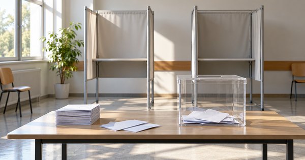 Cabinas y sobres en un colegio electoral genérico vacío, imagen ilustrativa generada con IA.