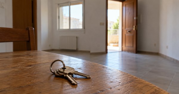 Llaves sobre una mesa de una vivienda modesta genérica vacía, imagen ilustrativa