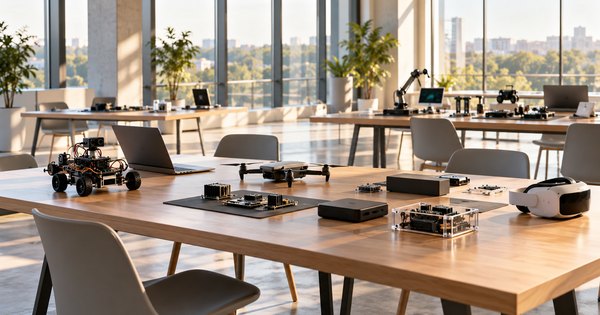 Sala genérica con prototipos electrónicos preparada para encuentros tecnológicos, imagen ilustrativa